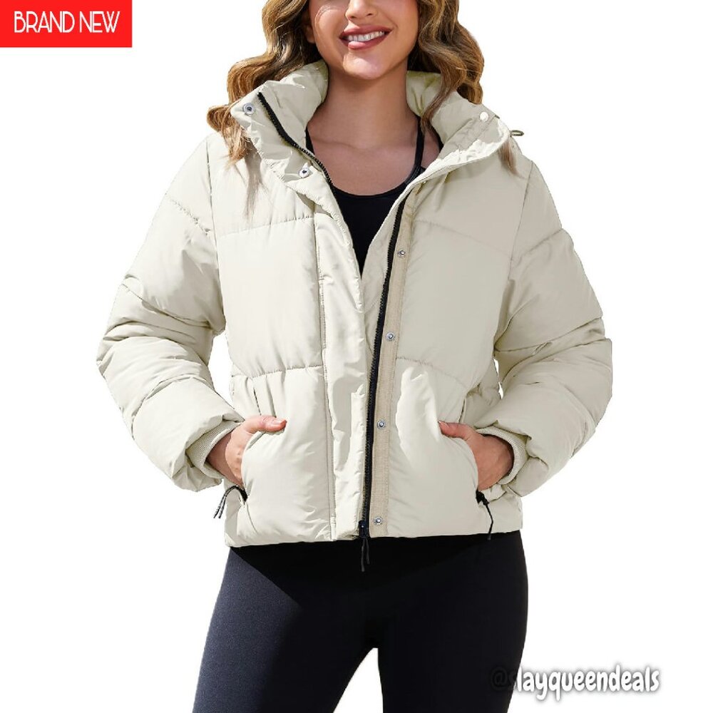 Women's Winter Cropped Puffer Jacket, Full Zip Detachable Hood
